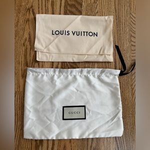 Set up two authentic storage bags. One from Louis Vuitton, and one from Gucci.